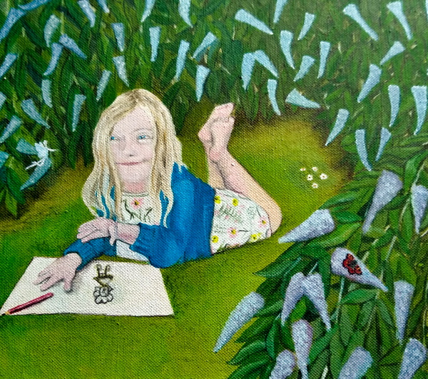 A painting of a young girl laying in a field drawing a fairy