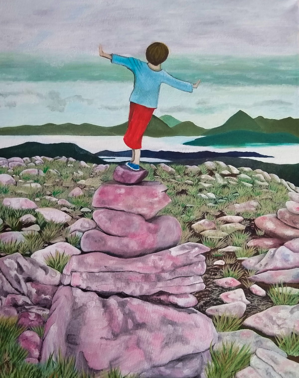 A painting of a your child balancing on top of a stack of rocks, looking out at lakes and small mountains in the distance