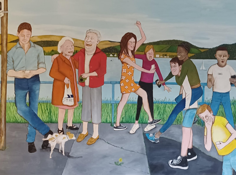 A painting of various people laughing and having fun while standing at a bus stop with a river in the background