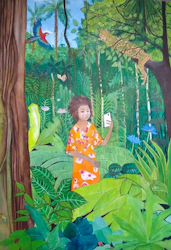 A painting of a young lady in the depths of the jungle holding up her smart phone