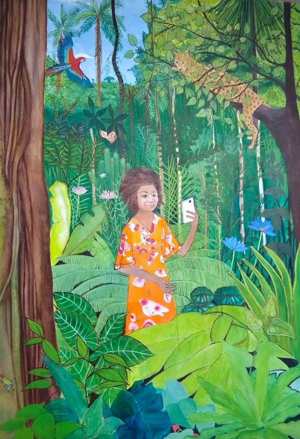 A painting of a young lady in the depths of the jungle holding up her smart phone