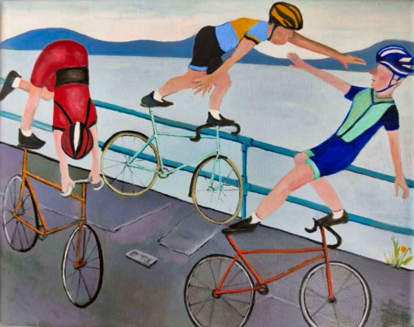 A painting of three cyclings doing acrobatics on their bikes, on a riverside path, with the river in the background