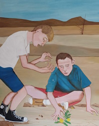 A painting of two people in a desolate landscape looking at a danelion