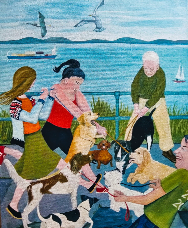 A painting of a various dog walkers on a riverside struggling to control their interacting dogs, with the river, ships and seagulls in the background