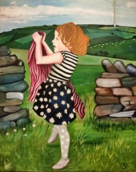 A painting of a young girl dancing in a field on Emley moor with Emley moor radio mast visible in the distance