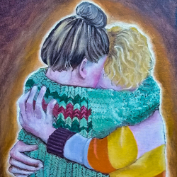 A painting of two people hugging