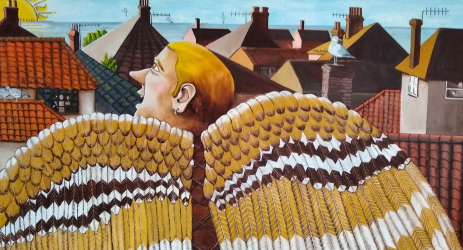 A painting of a man with wings looking over the rooftops of a seaside town at the distant sun