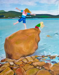 A painting of two children standing on a big rock on the beach looking down into the sea where a mermaid is partly visible