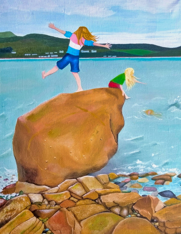 A painting of two children standing on a big rock on the beach looking down into the sea where a mermaid is partly visible