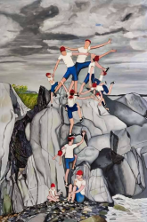 A painting of a group of people climbing a cliff, struggling to get to the top, with a stormy sky behind