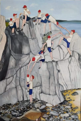 A painting of a group of people climbing a cliff, helping each other get to get to the top, with a calm sky behind