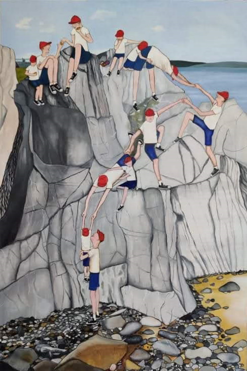 A painting of a group of people climbing a cliff, helping each other get to get to the top, with a calm sky behind