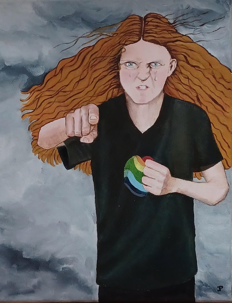 A painting of an angry young person with clenched fist pointing out towards the viewer, with stormy clouds in the background