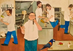 A painting of a commerical kitchen where a chef juggles knives in the foreground and chefs prepare food in the background