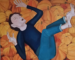 A painting of a man laying on his back with arms and legs in the air on top of carpet of pumpkins