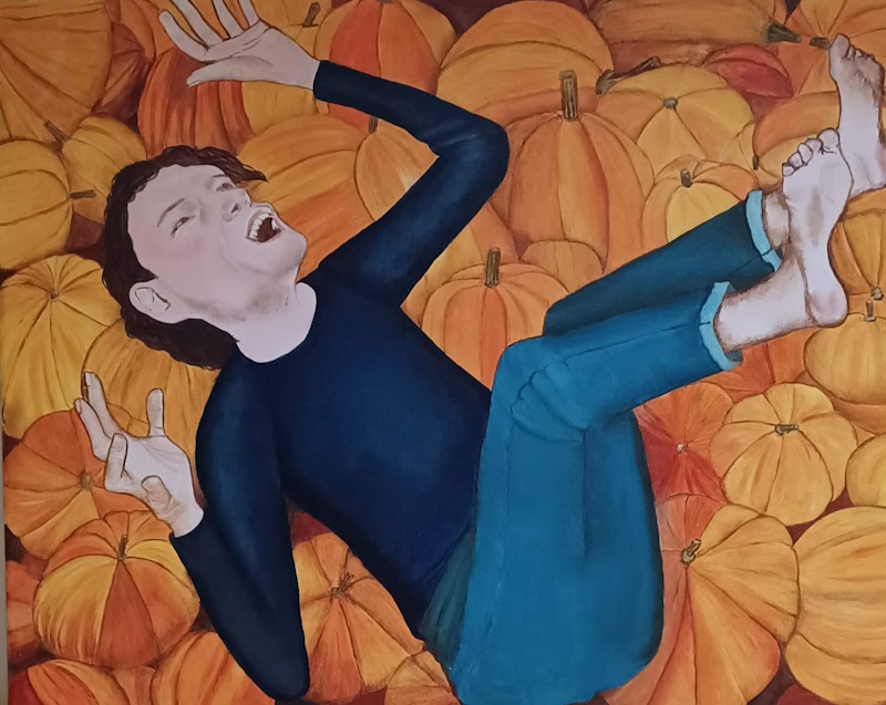 A painting of a man laying on his back with arms and legs in the air on top of carpet of pumpkins