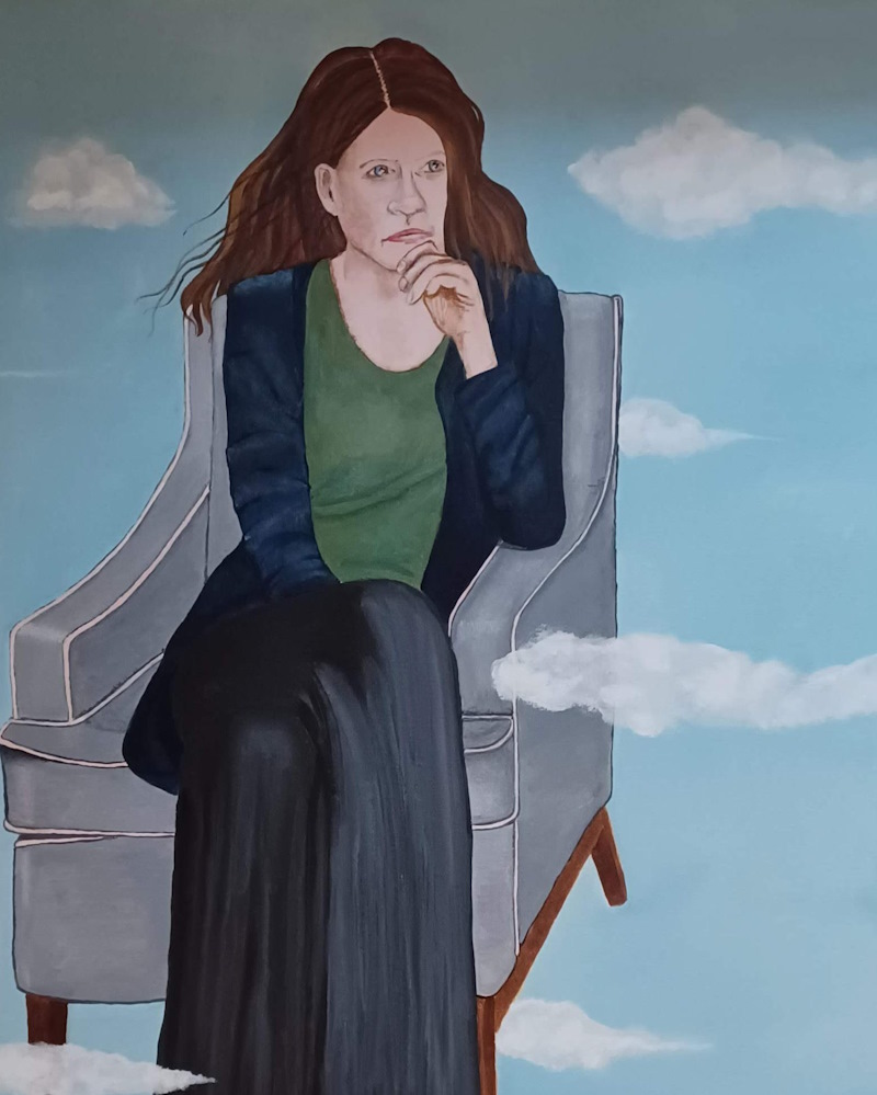 A painting of a thoughtful looking lady sitting in an armchair floating in the sky