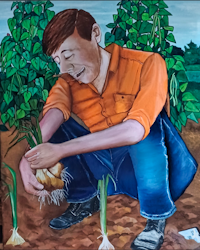 A painting of a happy man in a garden kneeling to harvest vegetables