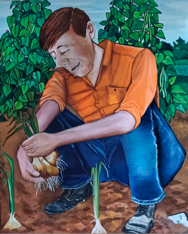 A painting of a happy man in a garden kneeling to harvest vegetables