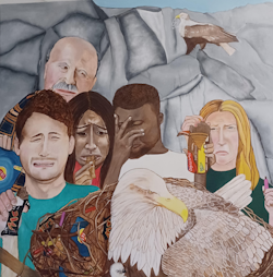 A painting of a group of sad people eating snacks looking at an eagle sitting in its nest filled with discarded wrappers