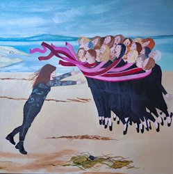 A painting of a group of ladies bunched together, singing and seemingly floating with another lady conducting them, on a beach with the sea in the background