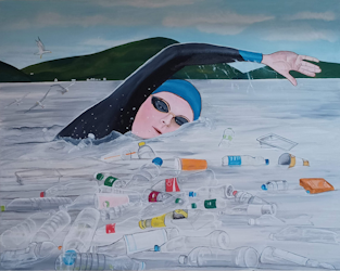 A painting of a person swimming out at sea surrounded by empty bottles and other litter