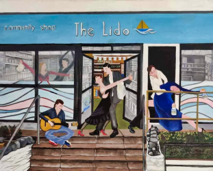 A painting of a local shop front with three sets of tango dancers and a guitarist