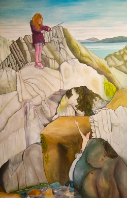 A painting of a young girl standing at the top of a cliff holding a fishing rod, looking down at a selkie (top half human, bottom half seal) partly obscured by the rocks below, reaching up to the girl above