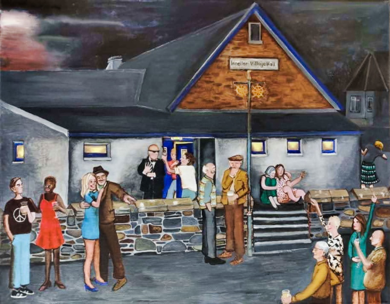 A painting of the outside of the village hall in Innellan, with various groups of people hanging around, both old and young