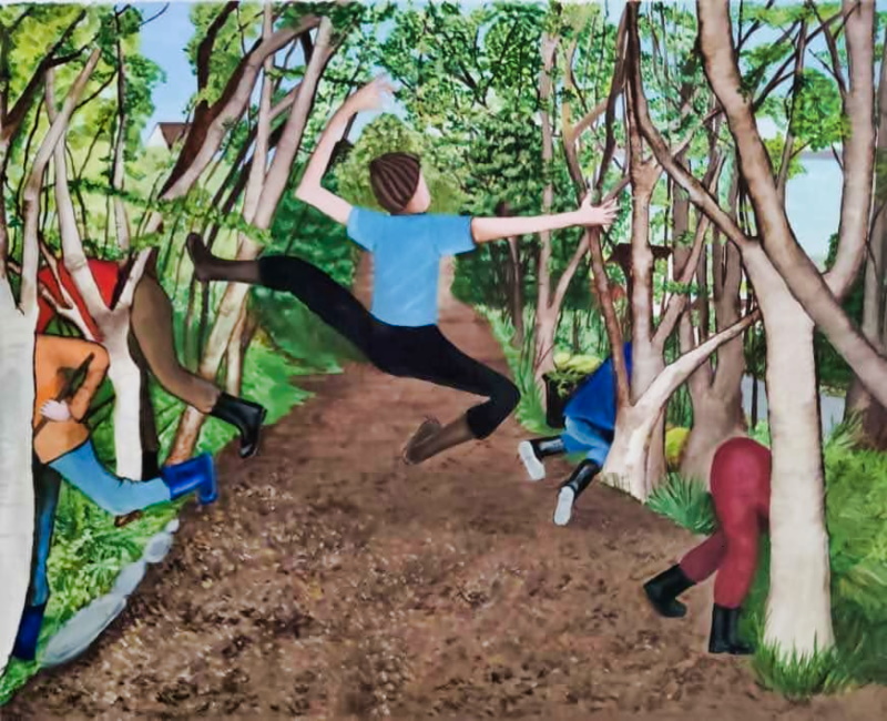 A painting of a tree lined path where a group of people are dancing and tidying up